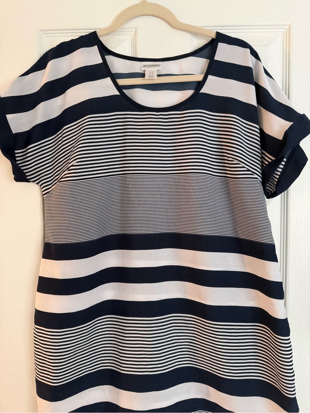 Women’s Navy and White Striped Short-Sleeve Maternity Tunic